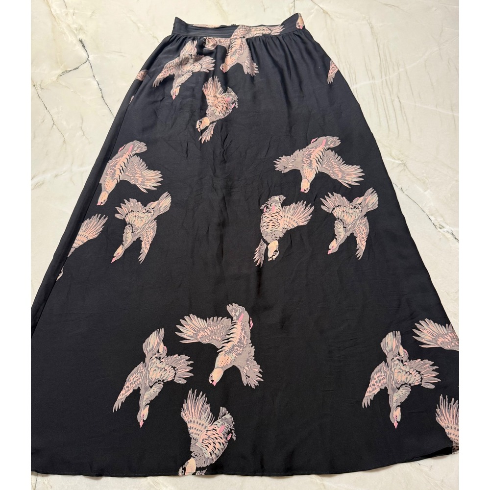 Tucker Gaby Basora Black Bird Print Silk Maxi Skirt Womens XS High Waist Boho